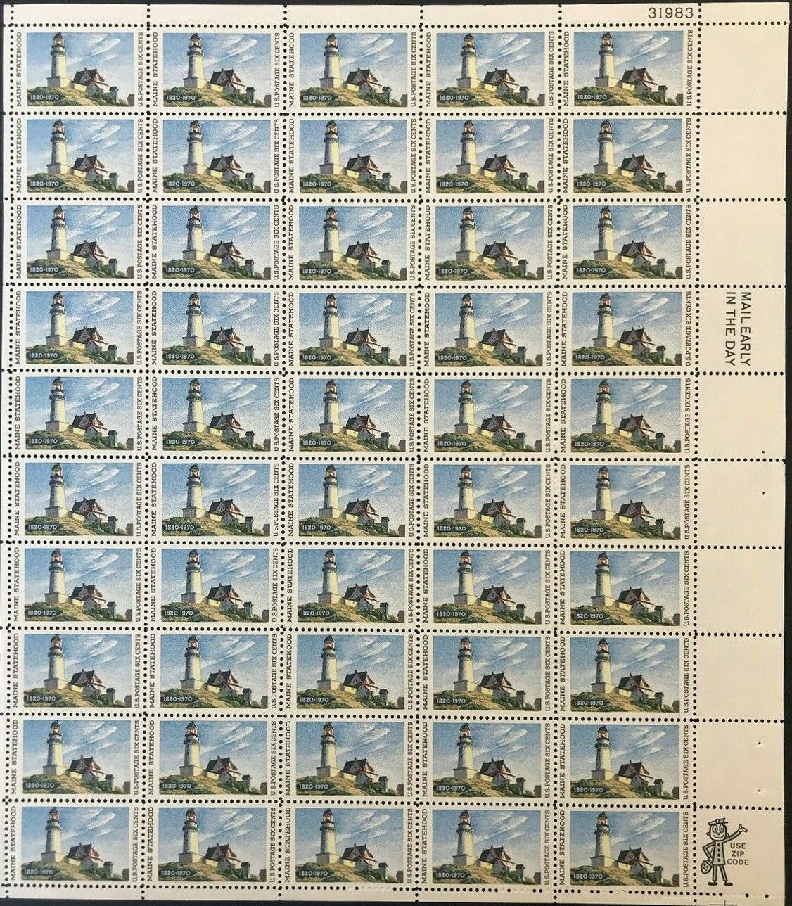 Maine Statehood Lighthouse Sheet of Fifty 6 Cent Postage Stamps Scott ...